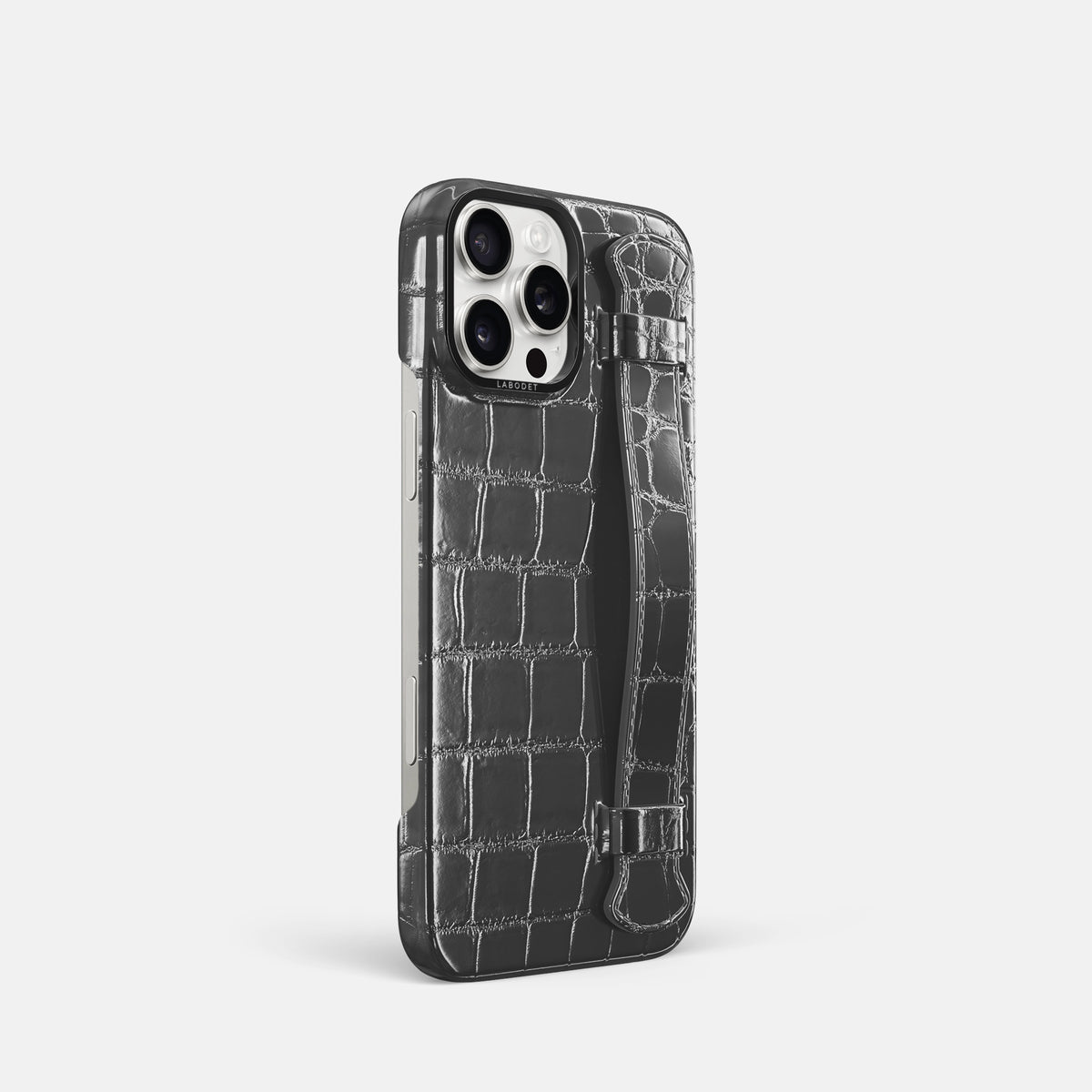 Grey iPhone 16 Pro Handle Case Patina Alligator with Black Metal -2 | Grey-Black