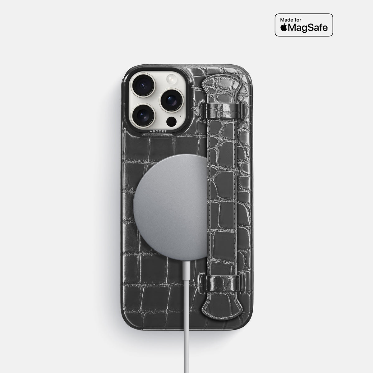 Grey iPhone 16 Pro Handle Case Patina Alligator with Black Metal -5 | Grey-Black