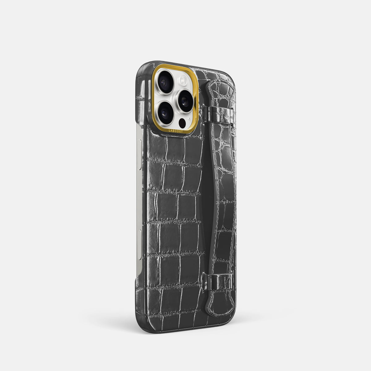Grey iPhone 16 Pro Handle Case Patina Alligator with Gold Metal -2 | Grey-Gold