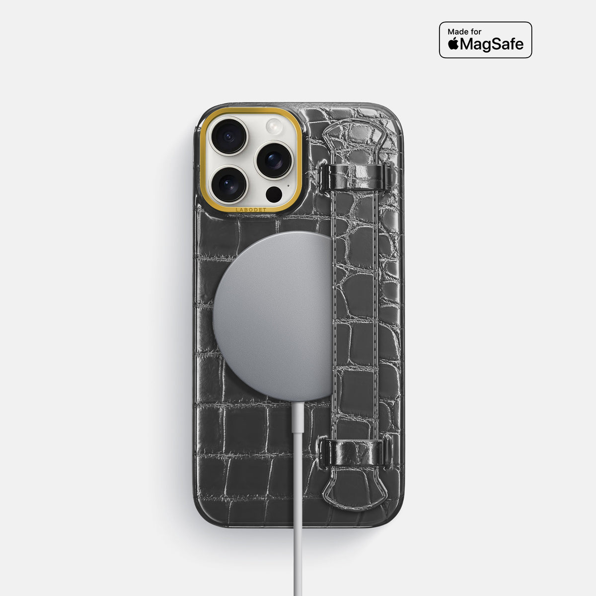 Grey iPhone 16 Pro Handle Case Patina Alligator with Gold Metal -5 | Grey-Gold