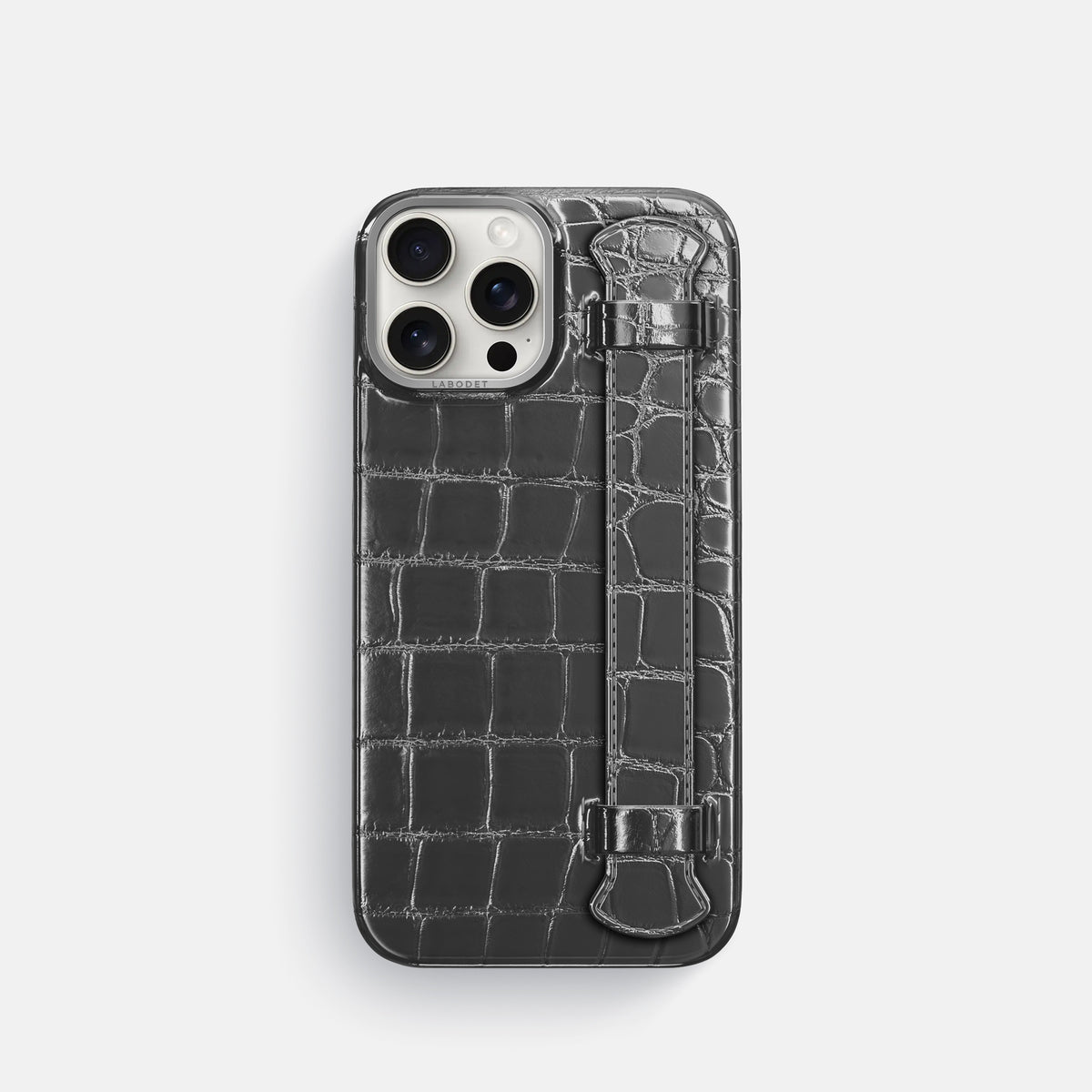 Grey iPhone 16 Pro Handle Case Patina Alligator with Steel Metal -1 | Grey-Steel
