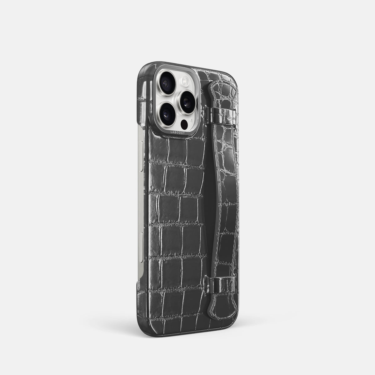 Grey iPhone 16 Pro Handle Case Patina Alligator with Steel Metal -2 | Grey-Steel