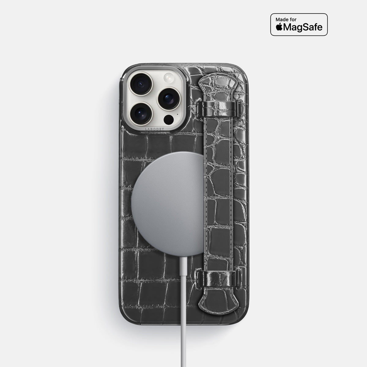 Grey iPhone 16 Pro Handle Case Patina Alligator with Steel Metal -5 | Grey-Steel