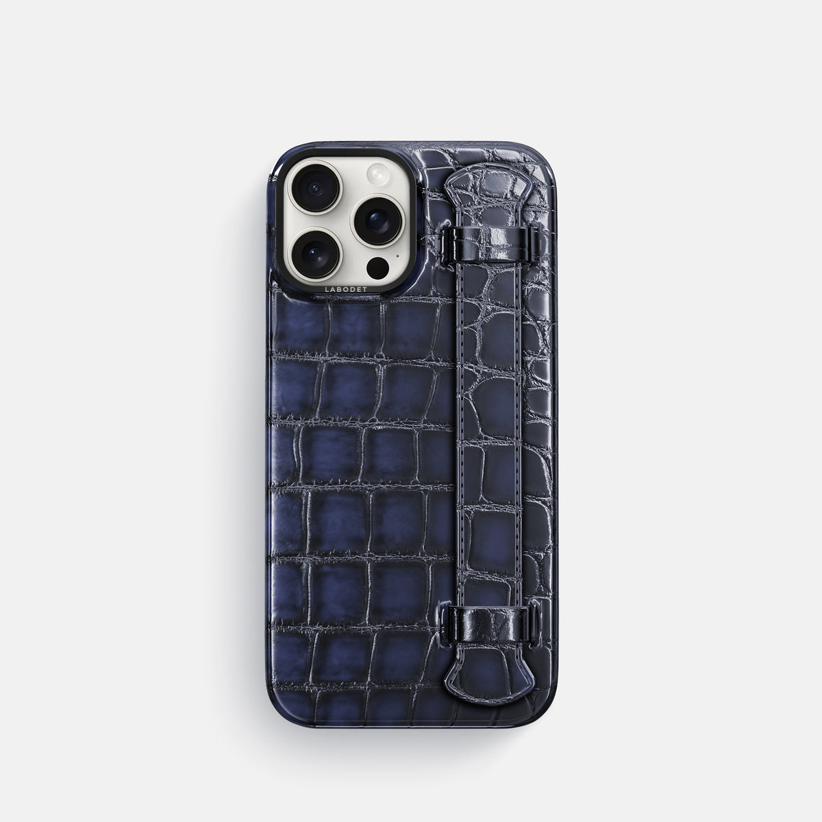Havana-Blue iPhone 16 Pro Handle Case Patina Alligator with Black Metal -1 | Havana-Blue-Black