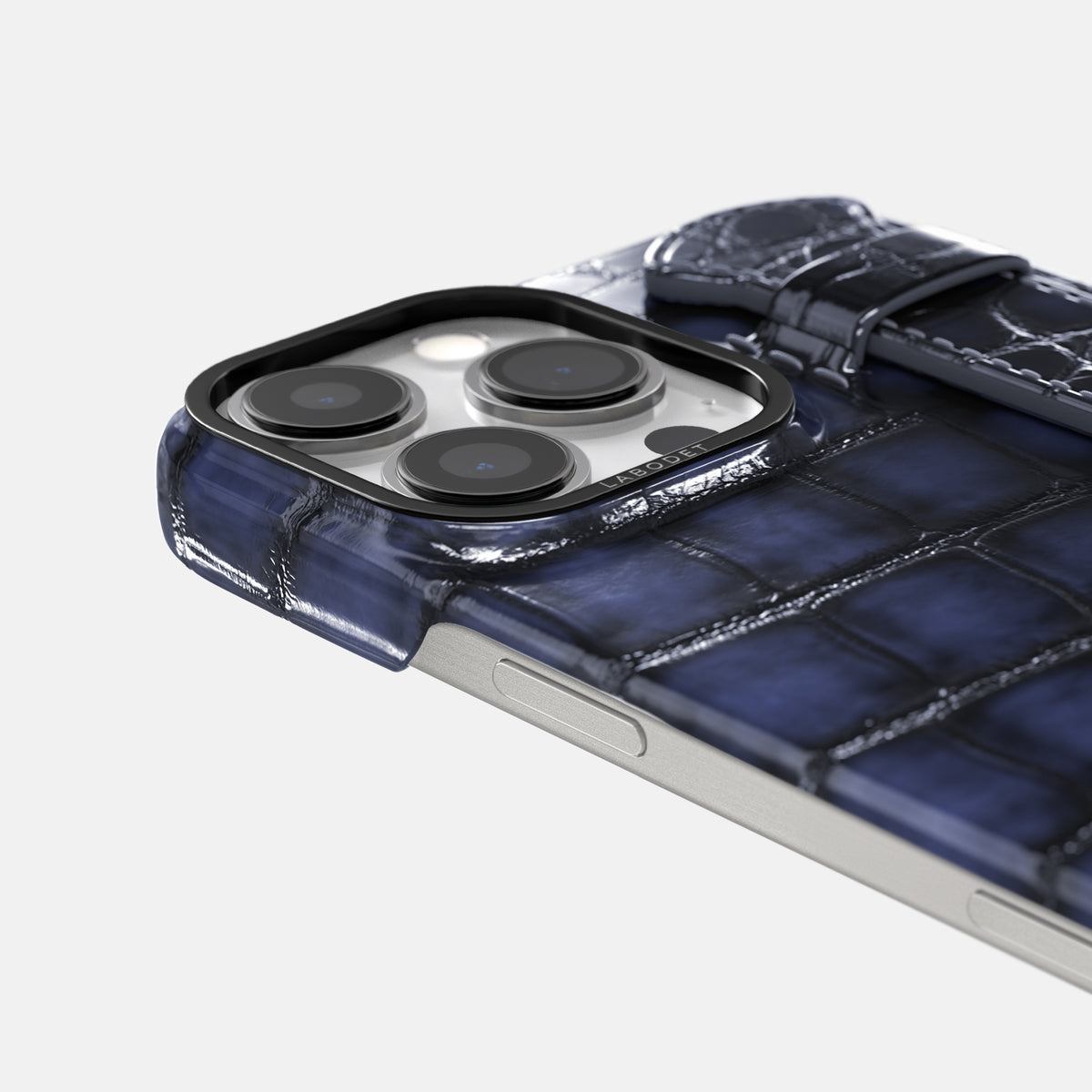 Havana-Blue iPhone 16 Pro Handle Case Patina Alligator with Black Metal -6 | Havana-Blue-Black