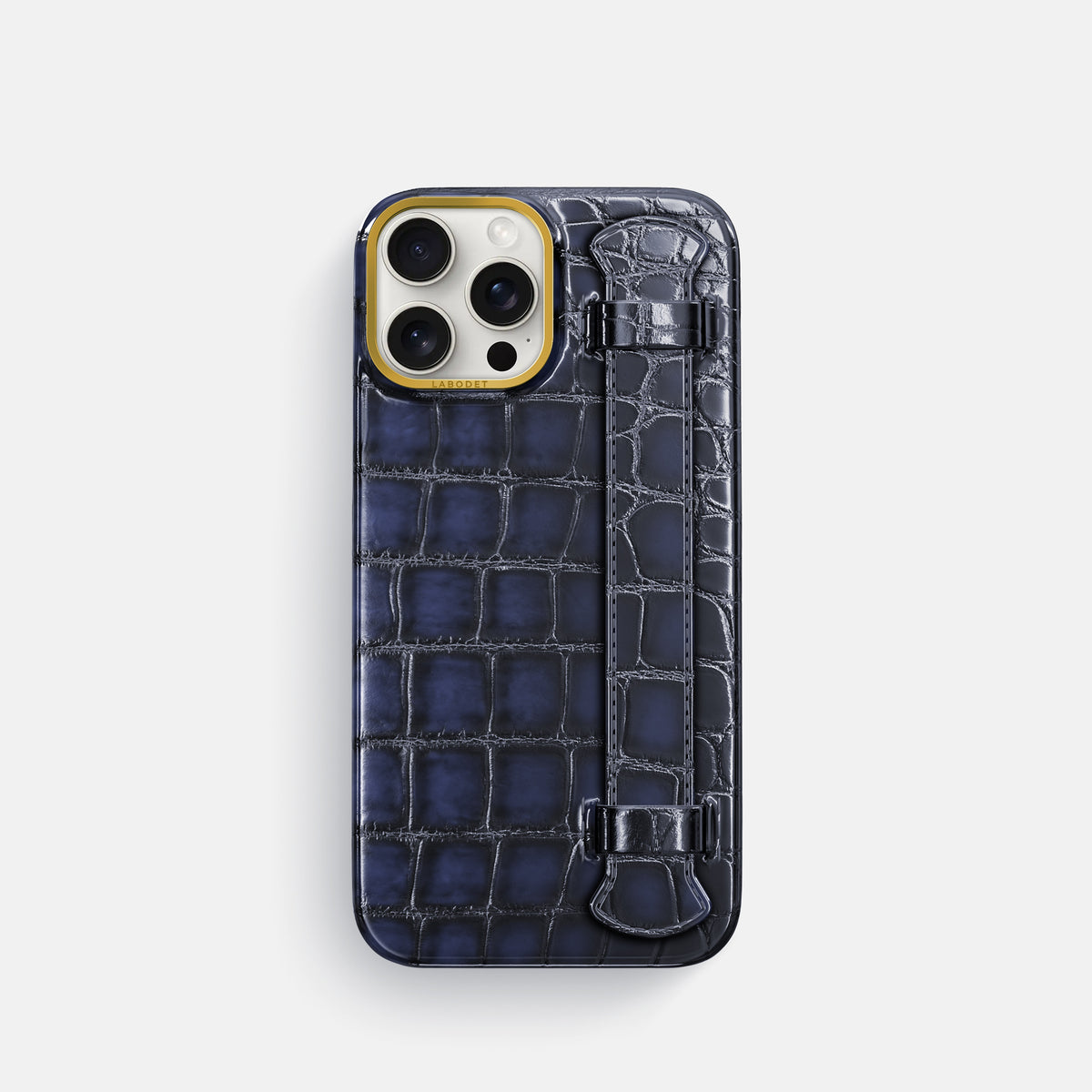 Havana-Blue iPhone 16 Pro Handle Case Patina Alligator with Gold Metal -1 | Havana-Blue-Gold