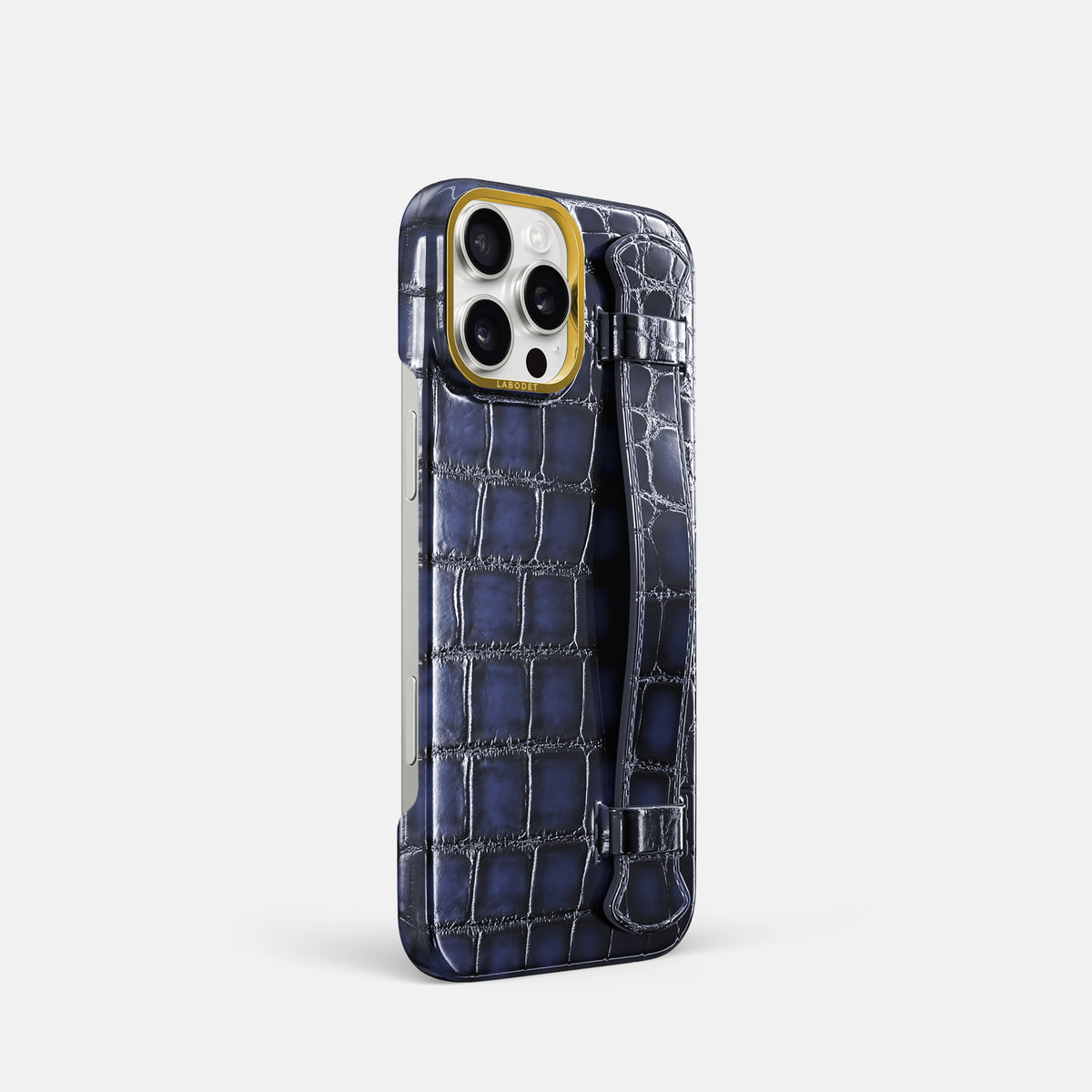 Havana-Blue iPhone 16 Pro Handle Case Patina Alligator with Gold Metal -2 | Havana-Blue-Gold