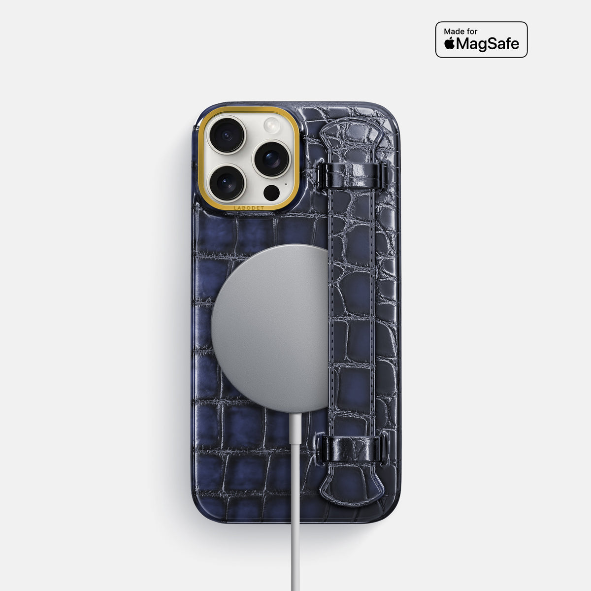 Havana-Blue iPhone 16 Pro Handle Case Patina Alligator with Gold Metal -5 | Havana-Blue-Gold
