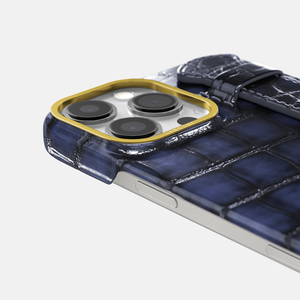 Havana-Blue iPhone 16 Pro Handle Case Patina Alligator with Gold Metal -6 | Havana-Blue-Gold