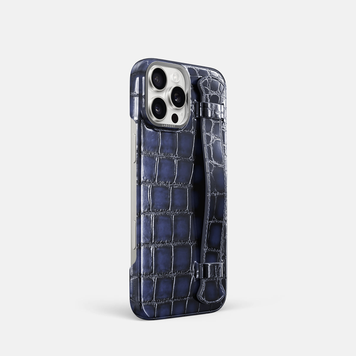 Havana-Blue iPhone 16 Pro Handle Case Patina Alligator with Steel Metal -2 | Havana-Blue-Steel