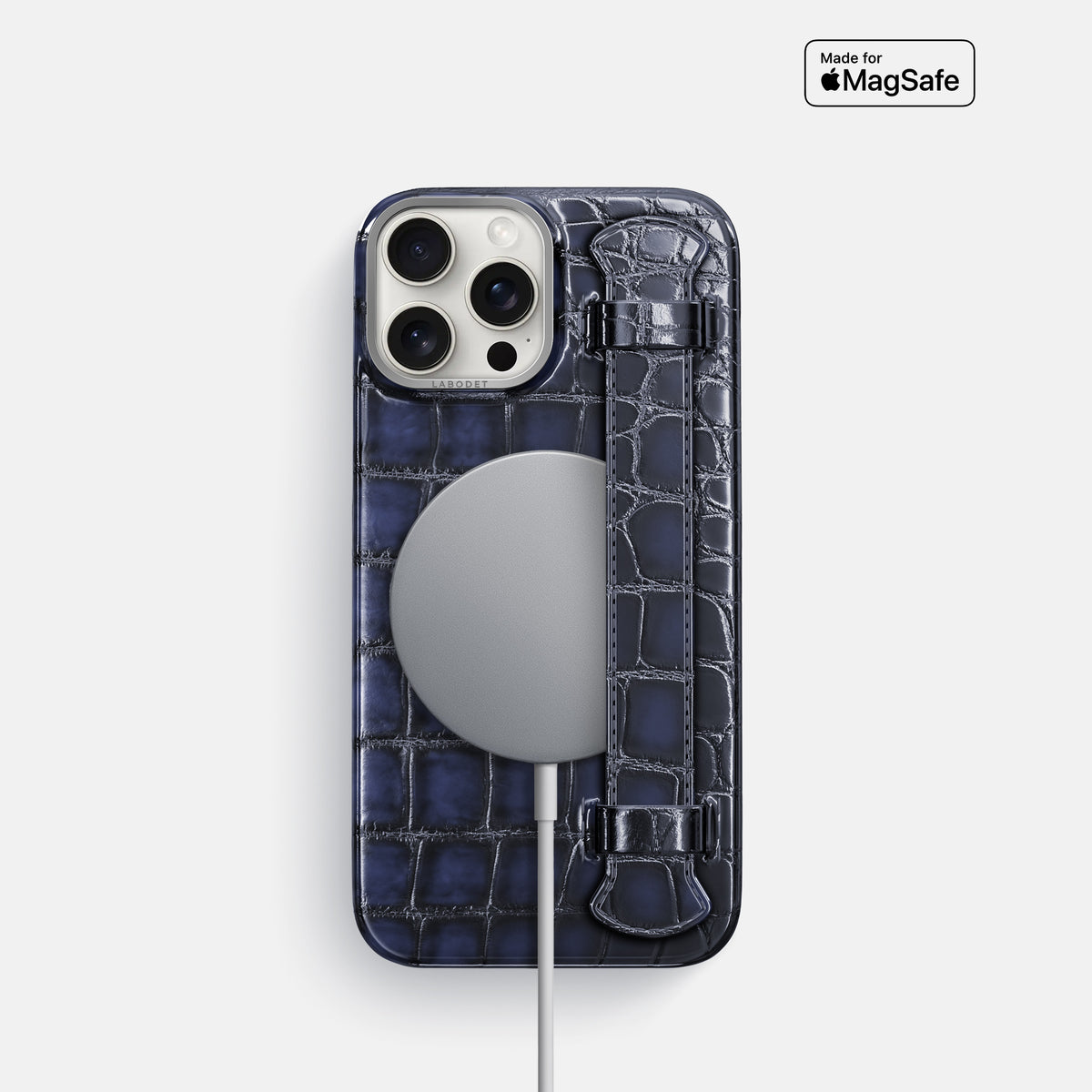 Havana-Blue iPhone 16 Pro Handle Case Patina Alligator with Steel Metal -5 | Havana-Blue-Steel