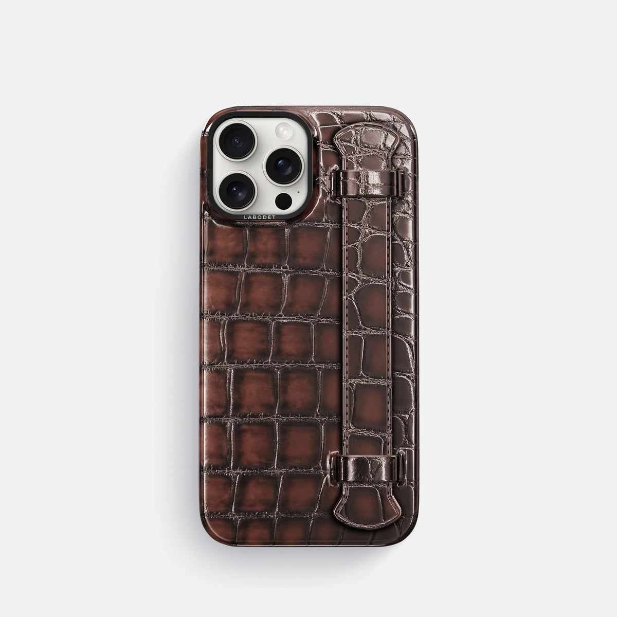 Havana-Brown iPhone 16 Pro Handle Case Patina Alligator with Black Metal -1 | Havana-Brown-Black