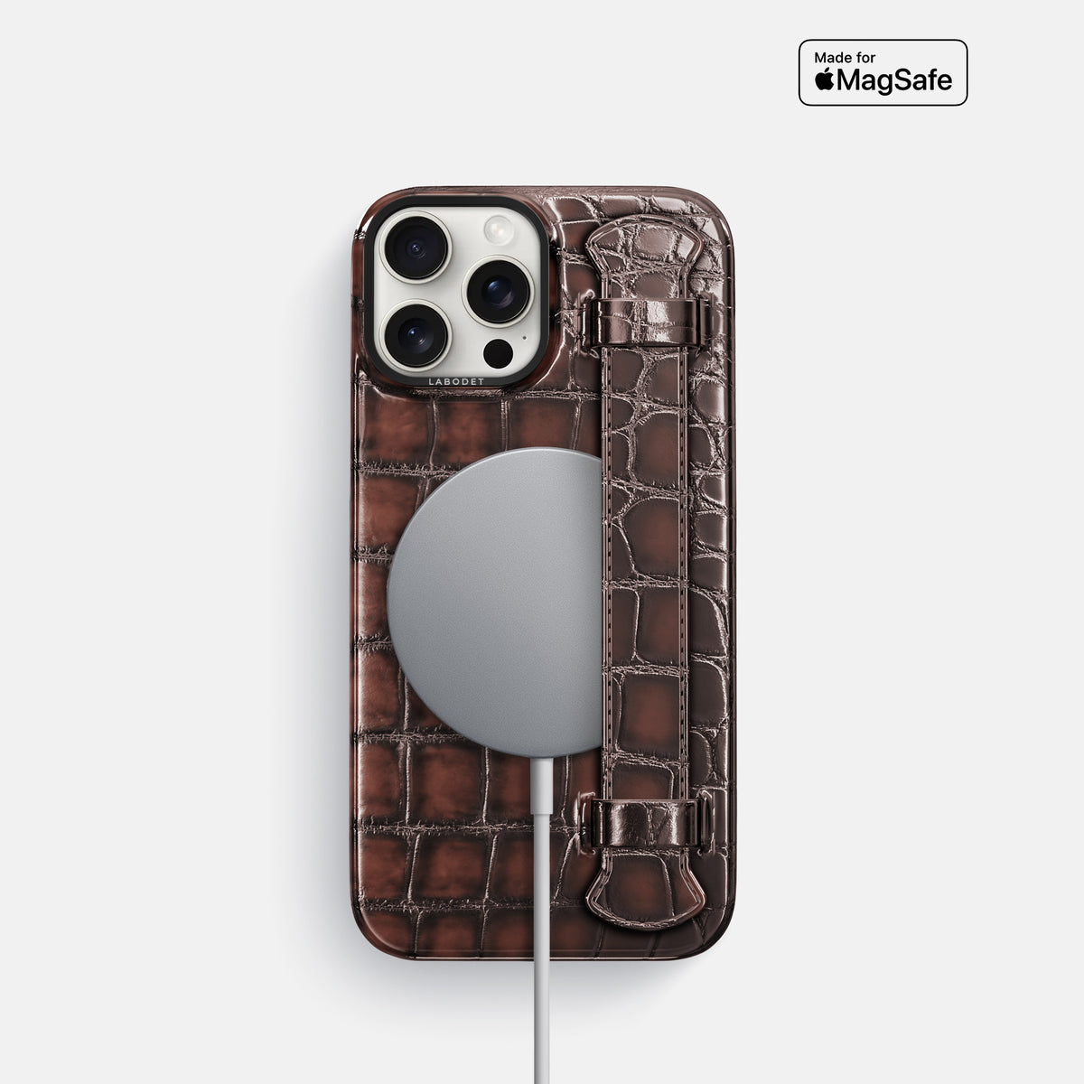Havana-Brown iPhone 16 Pro Handle Case Patina Alligator with Black Metal -5 | Havana-Brown-Black