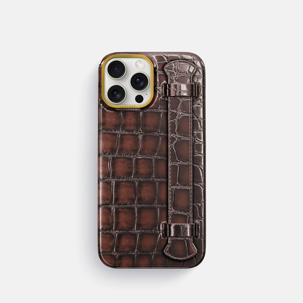 Havana-Brown iPhone 16 Pro Handle Case Patina Alligator with Gold Metal -1 | Havana-Brown-Gold