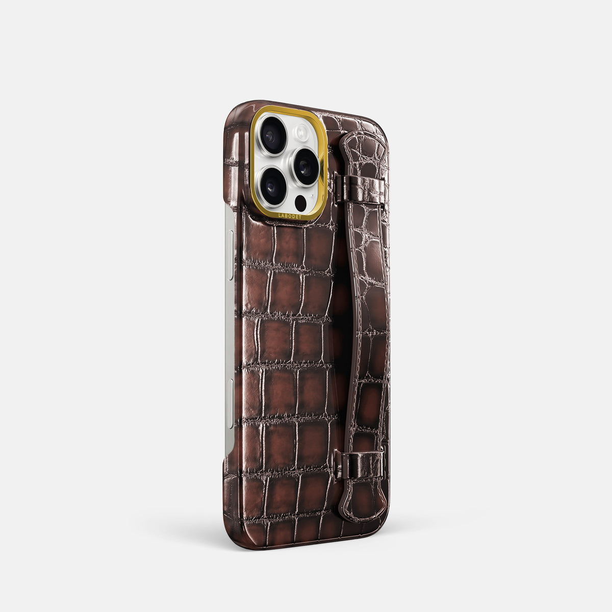 Havana-Brown iPhone 16 Pro Handle Case Patina Alligator with Gold Metal -2 | Havana-Brown-Gold