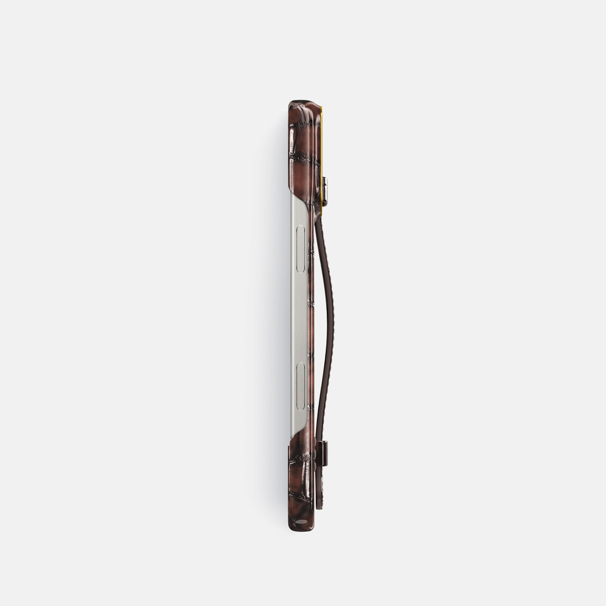 Havana-Brown iPhone 16 Pro Handle Case Patina Alligator with Gold Metal -3 | Havana-Brown-Gold