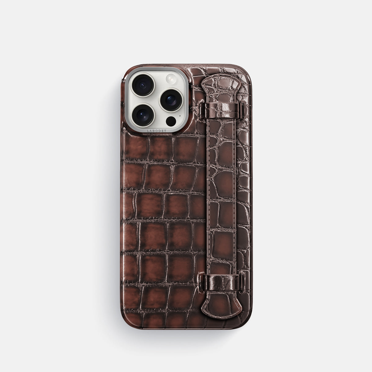 Havana-Brown iPhone 16 Pro Handle Case Patina Alligator with Steel Metal -1 | Havana-Brown-Steel