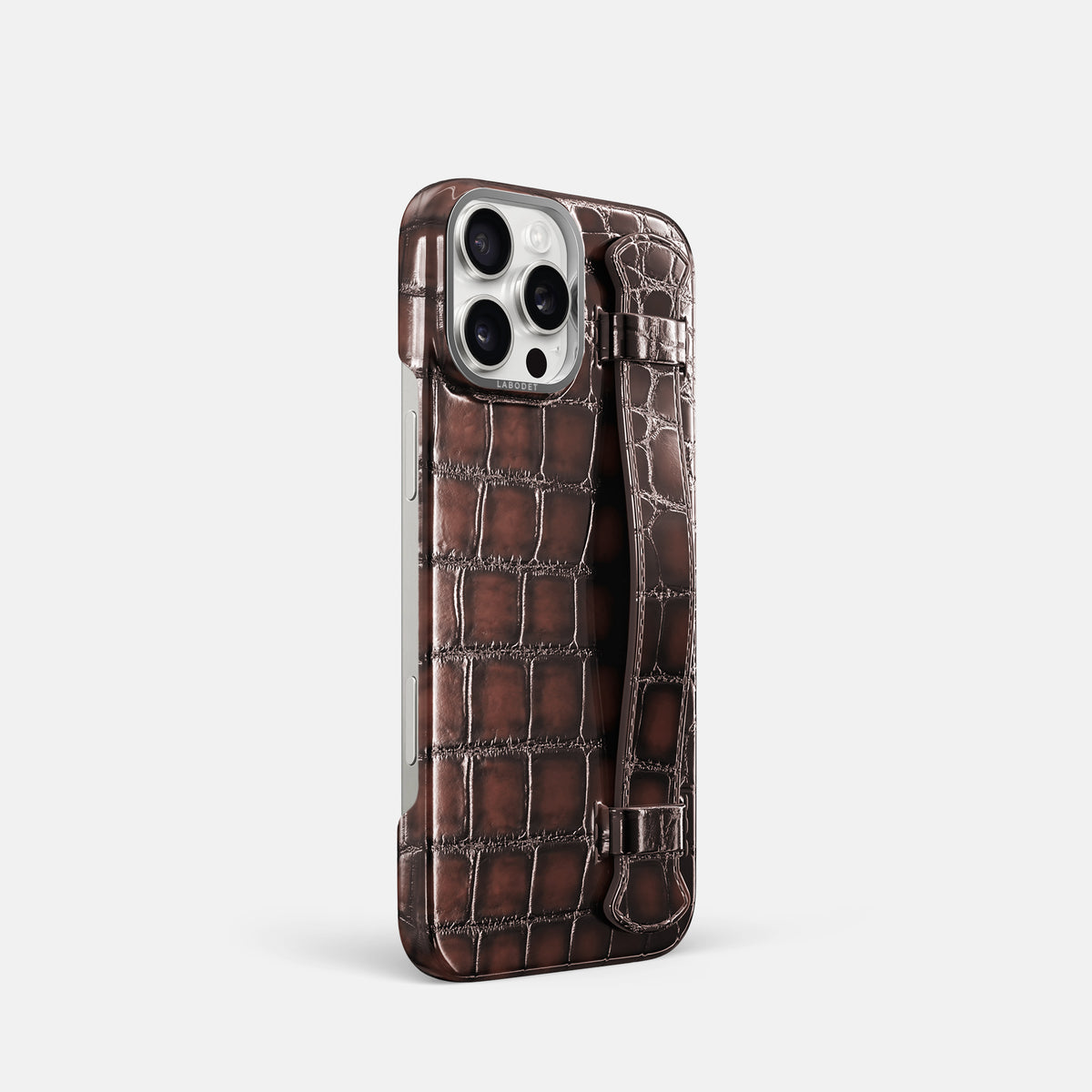 Havana-Brown iPhone 16 Pro Handle Case Patina Alligator with Steel Metal -2 | Havana-Brown-Steel