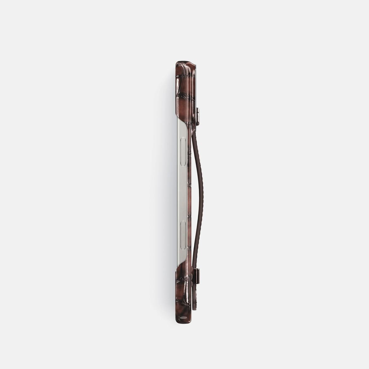 Havana-Brown iPhone 16 Pro Handle Case Patina Alligator with Steel Metal -3 | Havana-Brown-Steel