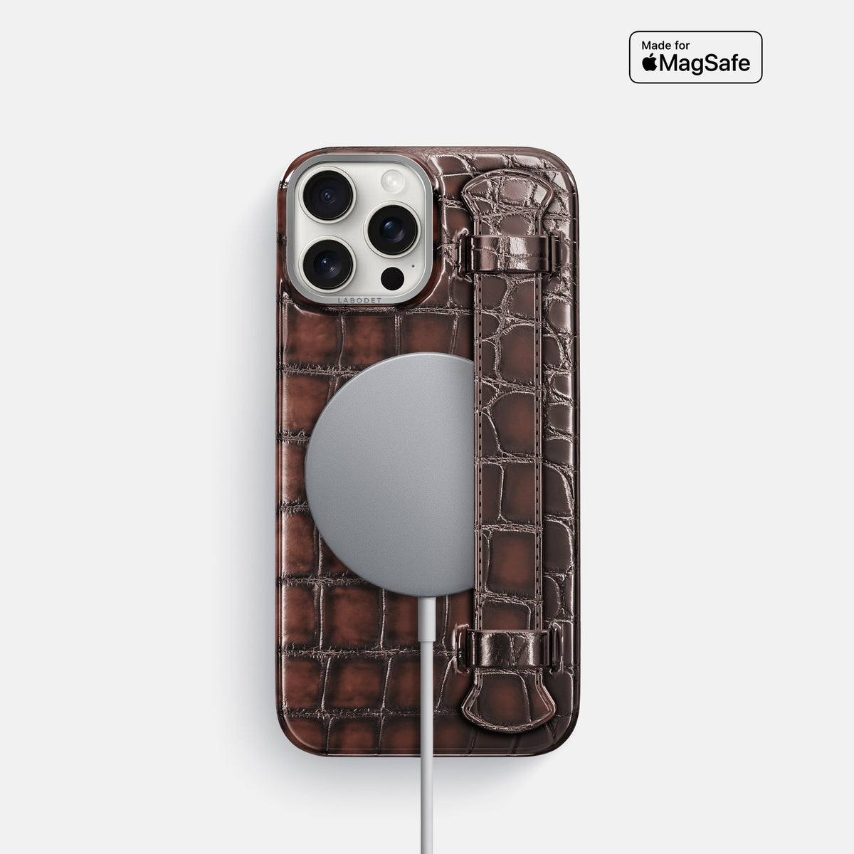 Havana-Brown iPhone 16 Pro Handle Case Patina Alligator with Steel Metal -5 | Havana-Brown-Steel