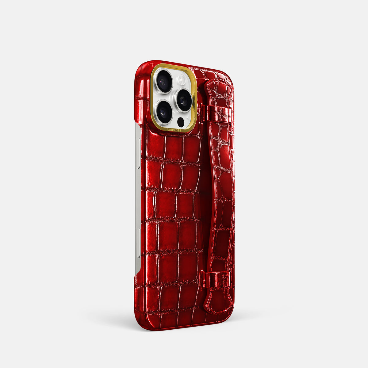 Burgundy iPhone 16 Pro Handle Case Patina Alligator with Gold Metal -2 | Burgundy-Gold