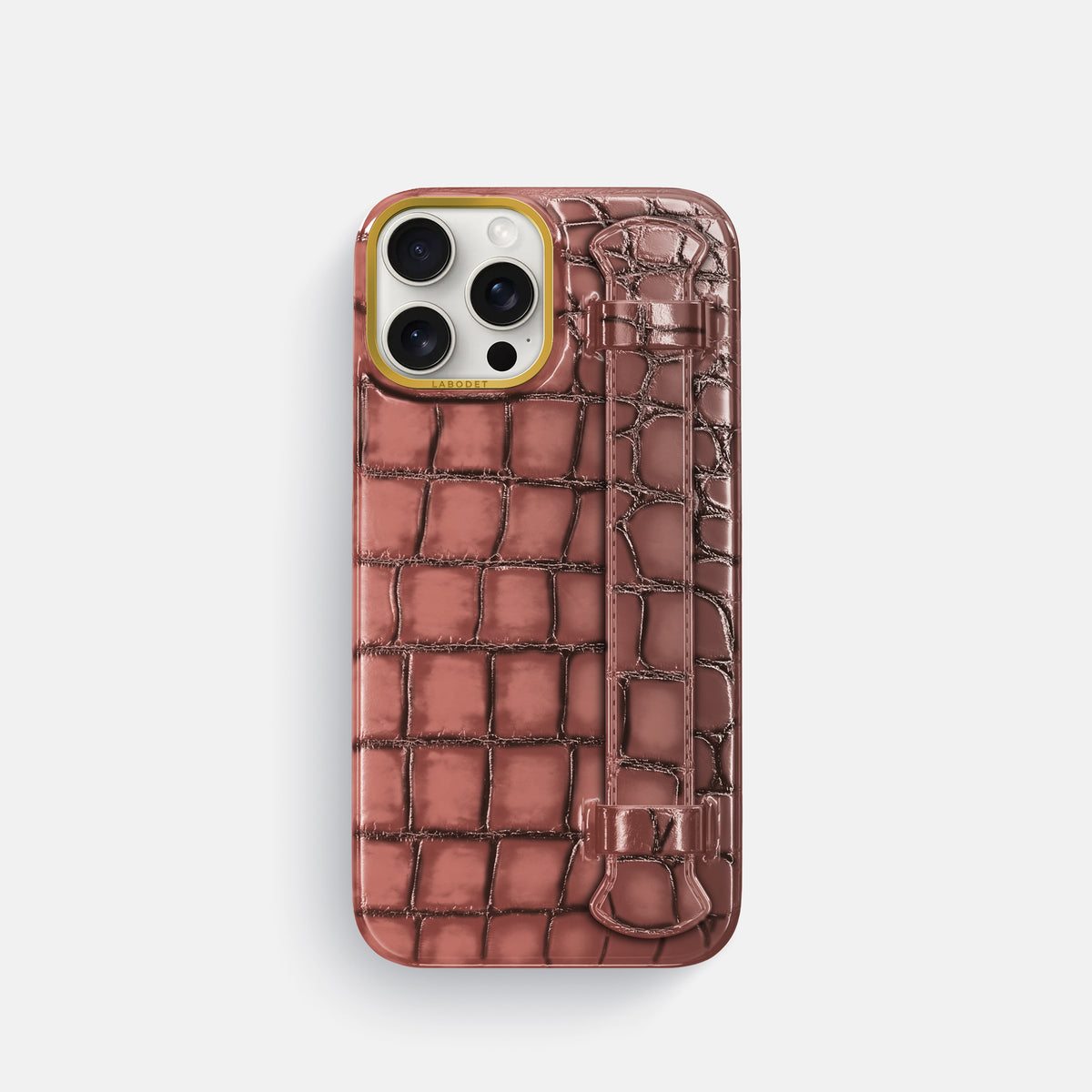 Wine-Sediment iPhone 16 Pro Handle Case Patina Alligator with Gold Metal -1 | Wine-Sediment-Gold