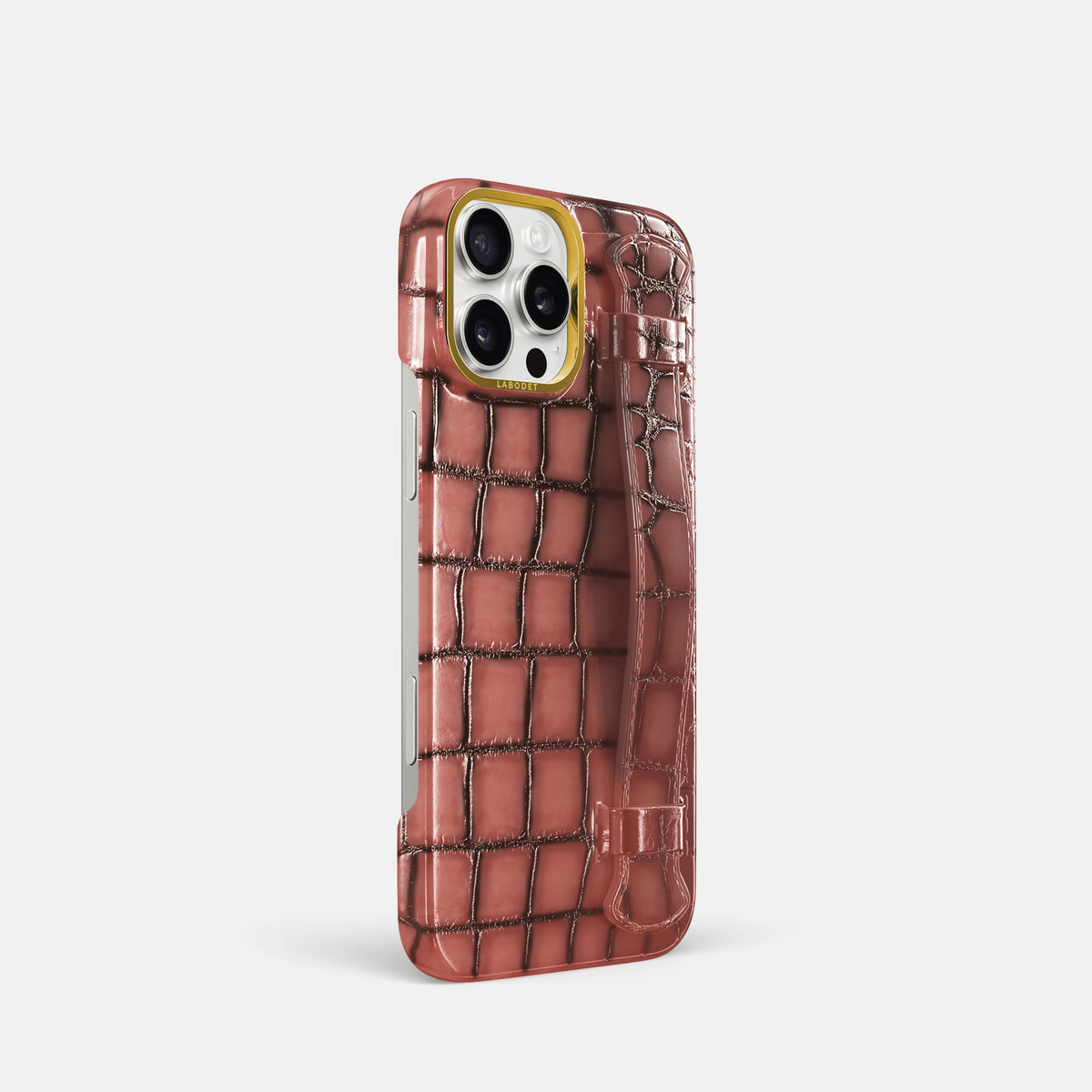 Wine-Sediment iPhone 16 Pro Handle Case Patina Alligator with Gold Metal -2 | Wine-Sediment-Gold