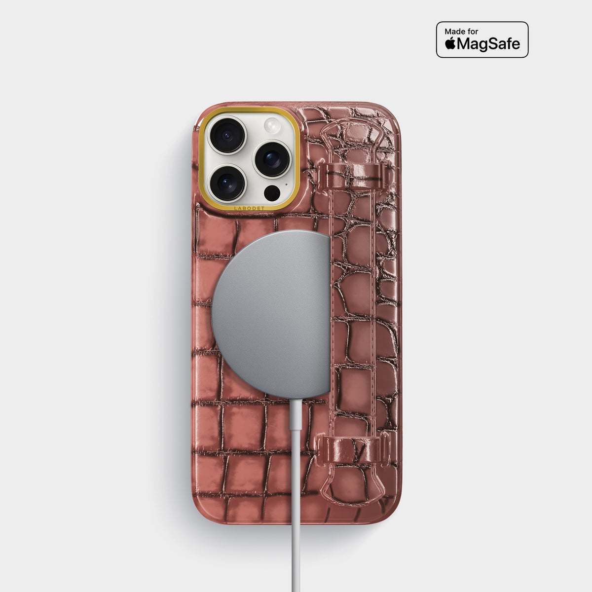 Wine-Sediment iPhone 16 Pro Handle Case Patina Alligator with Gold Metal -5 | Wine-Sediment-Gold
