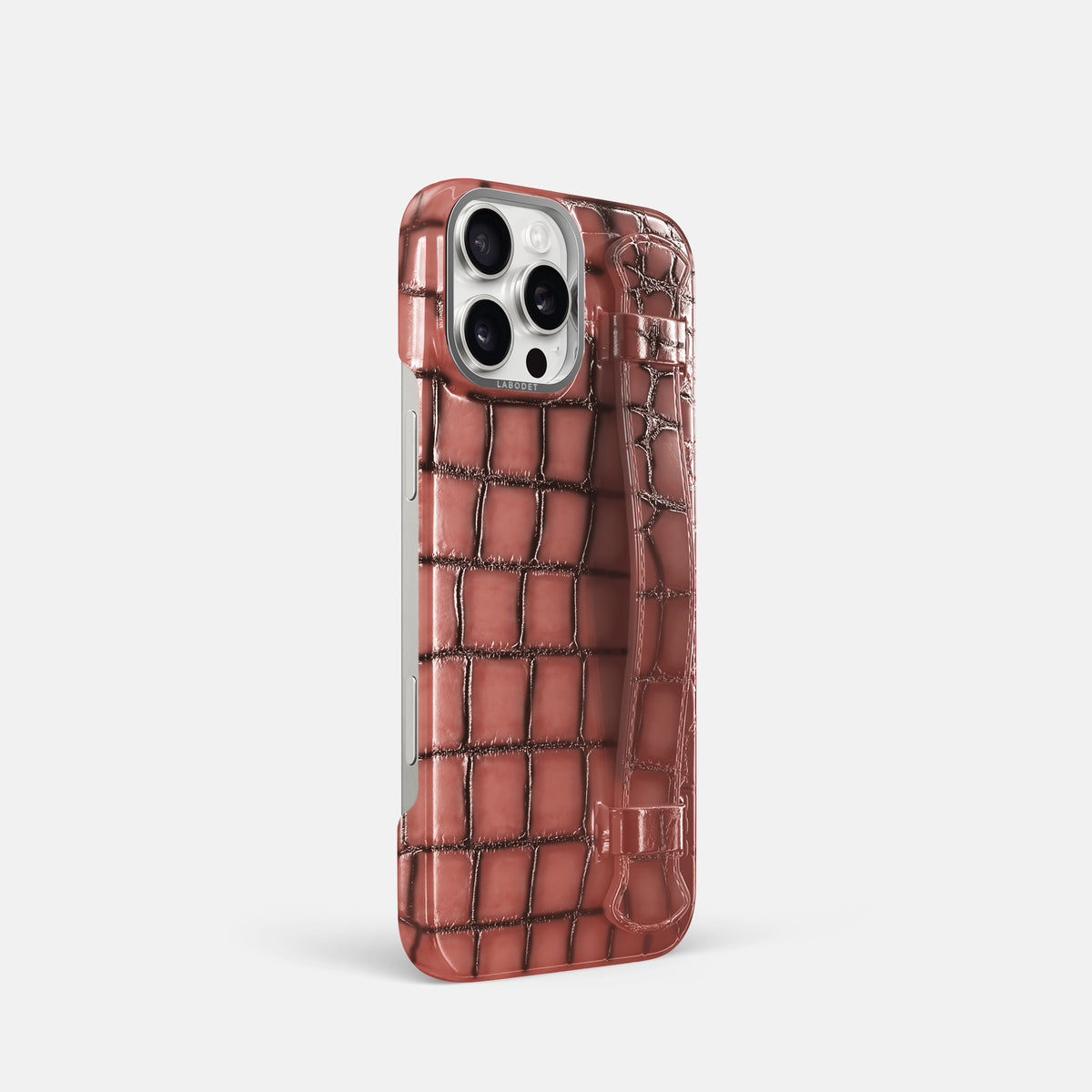 Wine-Sediment iPhone 16 Pro Handle Case Patina Alligator with Steel Metal -2 | Wine-Sediment-Steel