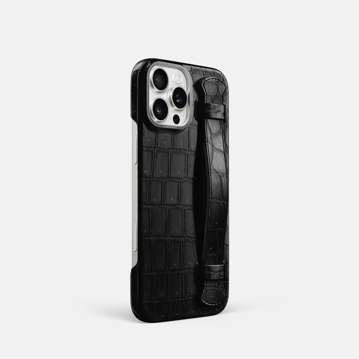 Black iPhone 16 Pro Handle Case Porosus Crocodile with Steel Metal -2 | Black-Steel