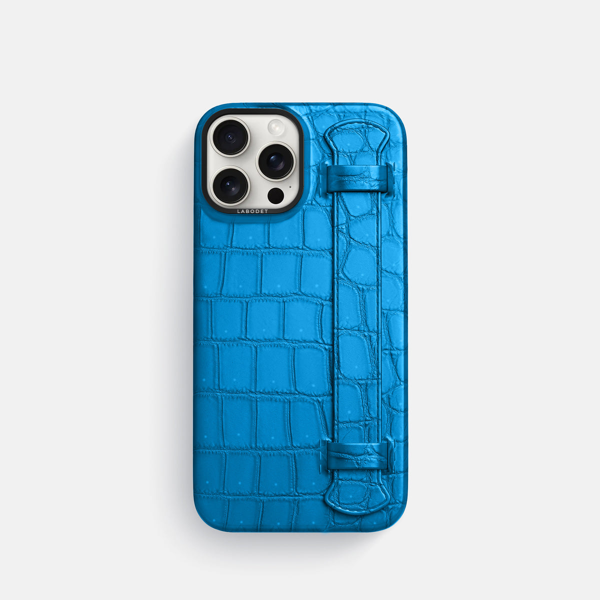 Blue-Lagoon iPhone 16 Pro Handle Case Porosus Crocodile with Black Metal -1 | Blue-Lagoon-Black