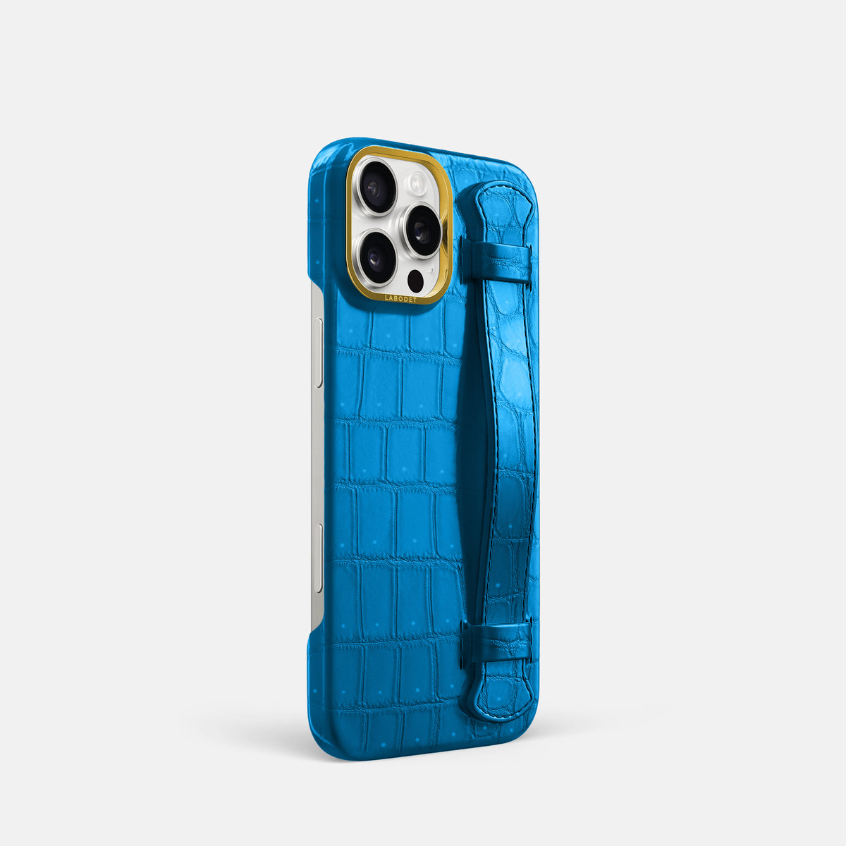 Blue-Lagoon iPhone 16 Pro Handle Case Porosus Crocodile with Gold Metal -2 | Blue-Lagoon-Gold