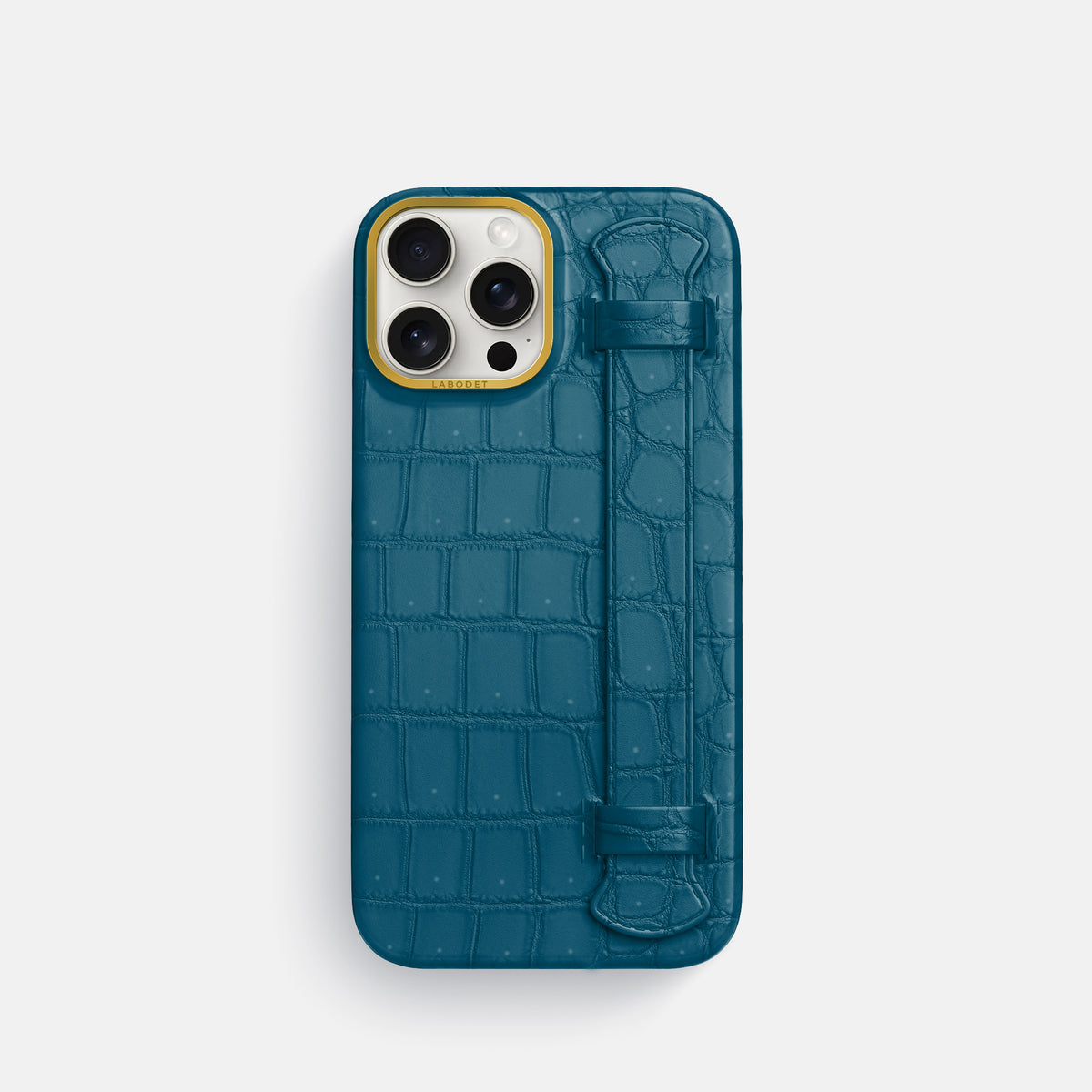 Duck Blue iPhone 16 Pro Handle Case Porosus Crocodile with Gold Metal -1 | Duck-Blue-Gold
