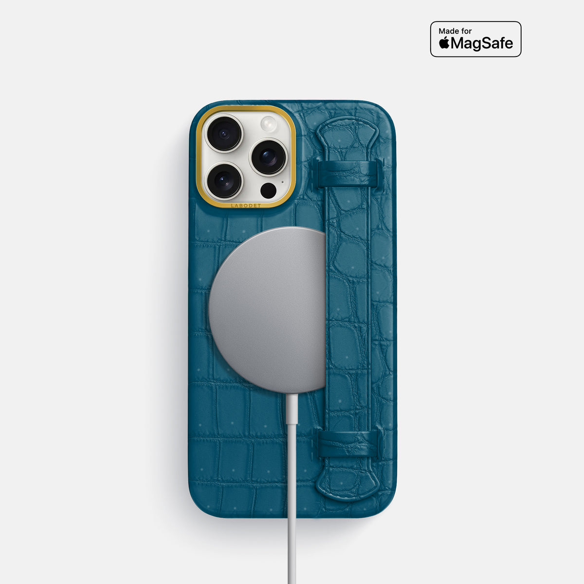 Duck Blue iPhone 16 Pro Handle Case Porosus Crocodile with Gold Metal -5 | Duck-Blue-Gold