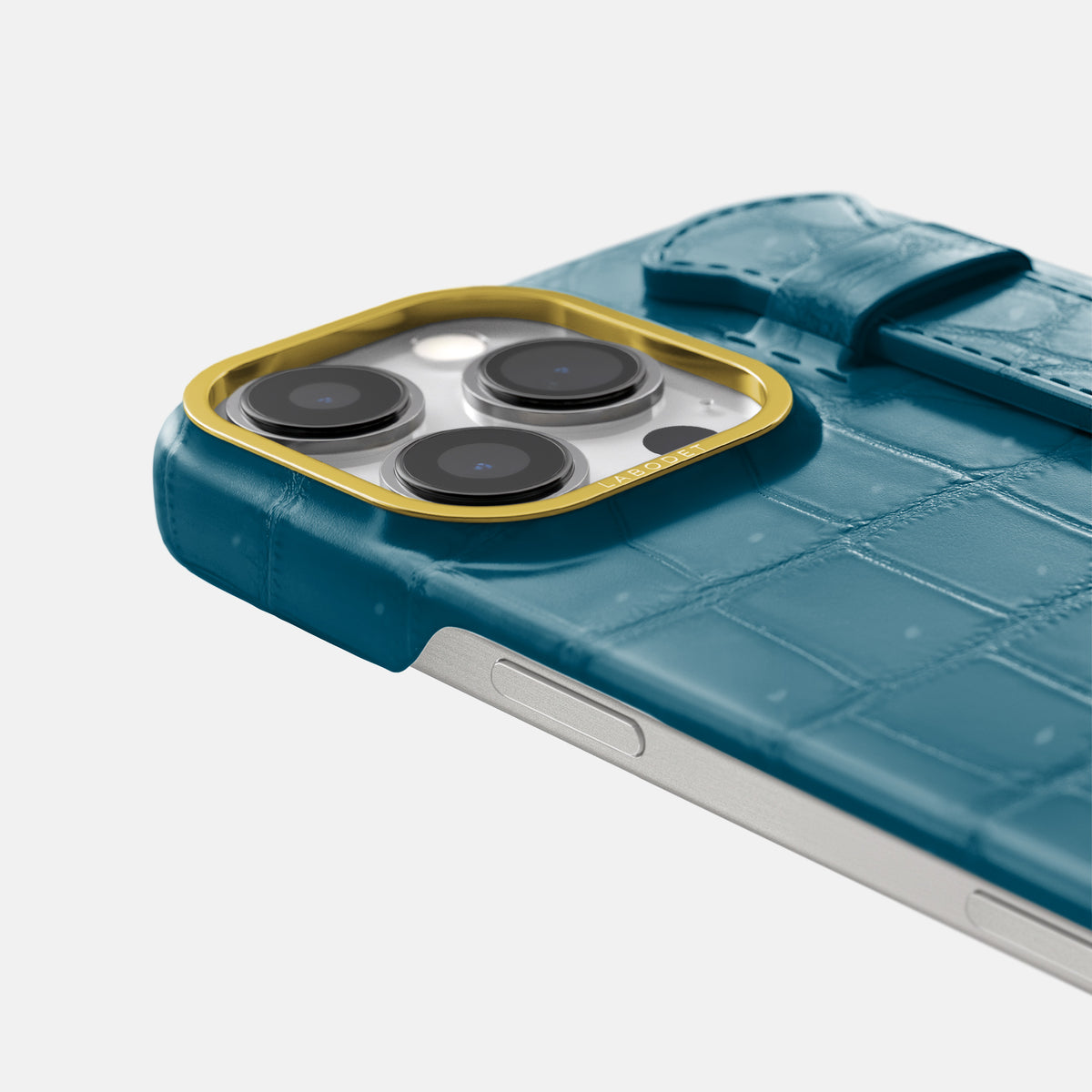 Duck Blue iPhone 16 Pro Handle Case Porosus Crocodile with Gold Metal -6 | Duck-Blue-Gold
