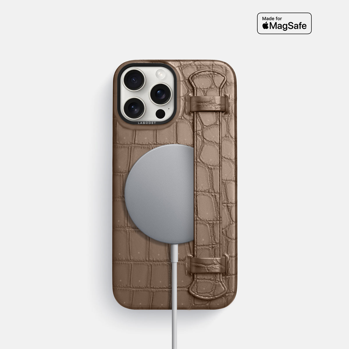 Fur-Brown iPhone 16 Pro Handle Case Porosus Crocodile with Black Metal -5 | Fur-Brown-Black