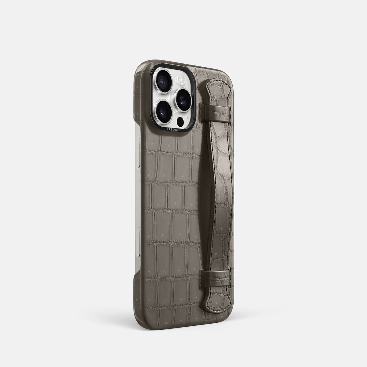 Lava-Stone iPhone 16 Pro Handle Case Porosus Crocodile with Black Metal -2 | Lava-Stone-Black