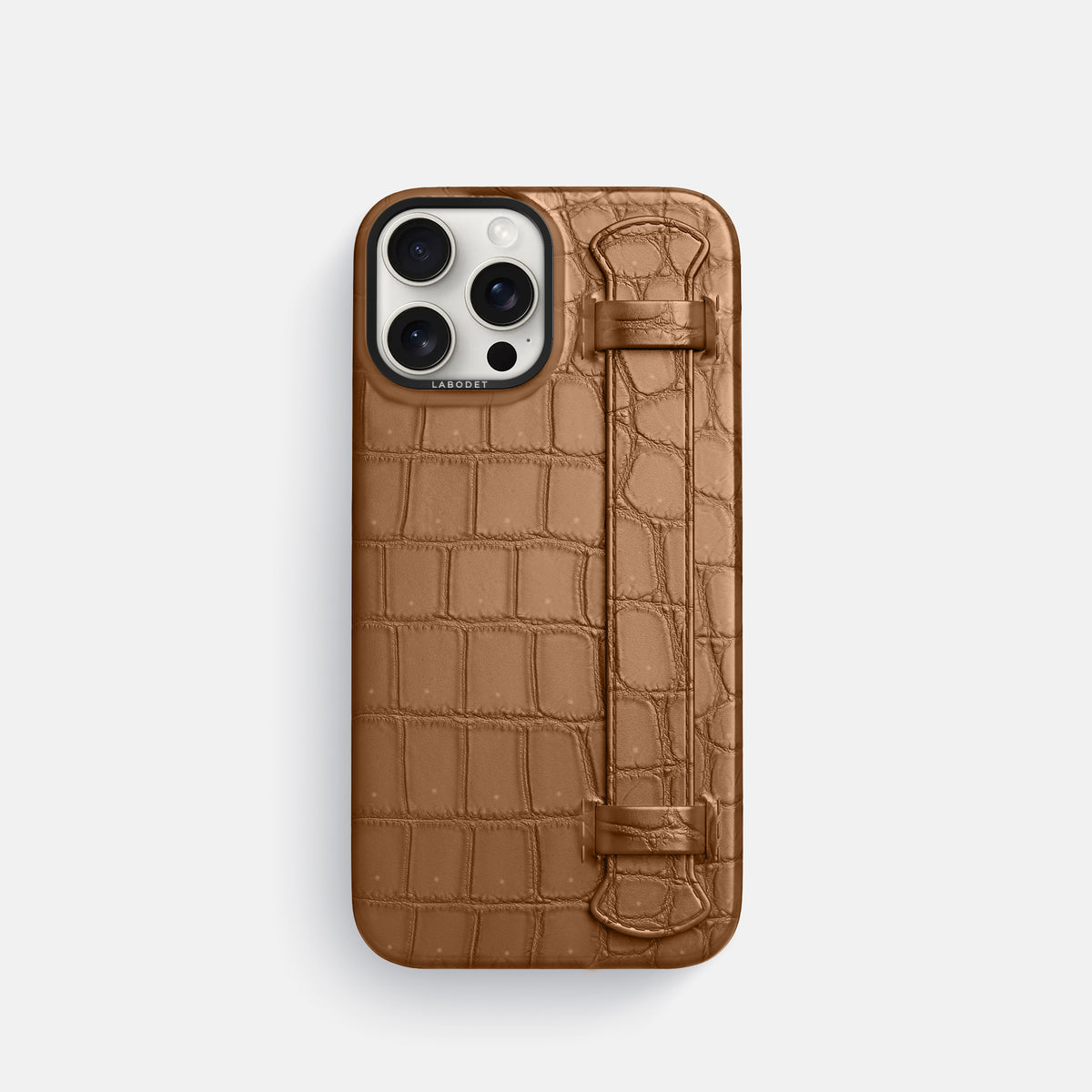 Milk-Chocolate iPhone 16 Pro Handle Case Porosus Crocodile with Black Metal -1 | Milk-Chocolate-Black