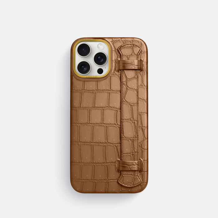 Milk-Chocolate iPhone 16 Pro Handle Case Porosus Crocodile with Gold Metal -1 | Milk-Chocolate-Gold
