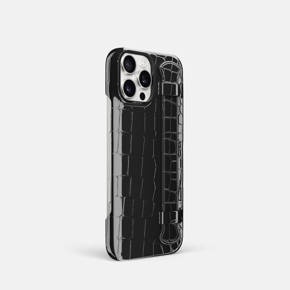 Black iPhone 16 Pro Handle Case Shiny Alligator with Black Metal -2 | Black-Black