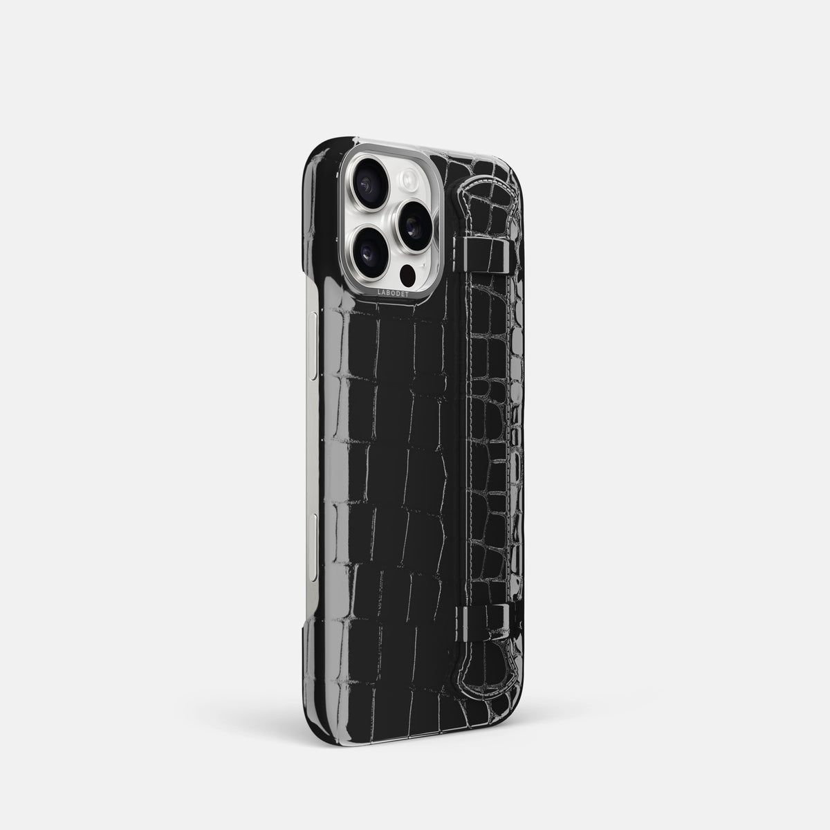 Black iPhone 16 Pro Handle Case Shiny Alligator with Steel Metal -2 | Black-Steel