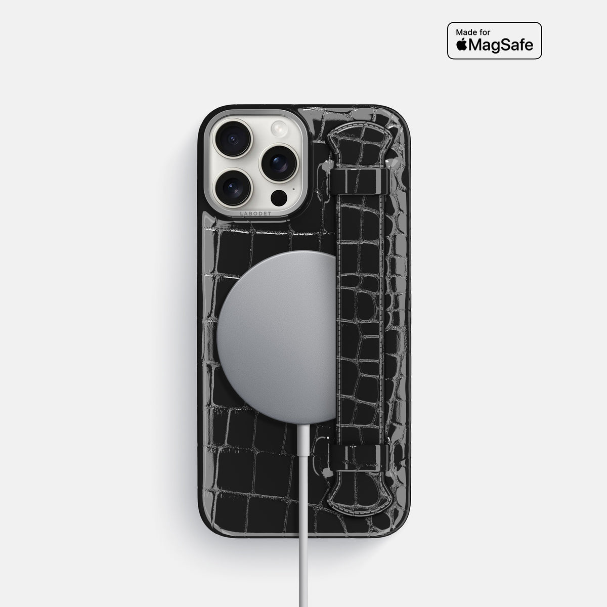 Black iPhone 16 Pro Handle Case Shiny Alligator with Steel Metal -5 | Black-Steel