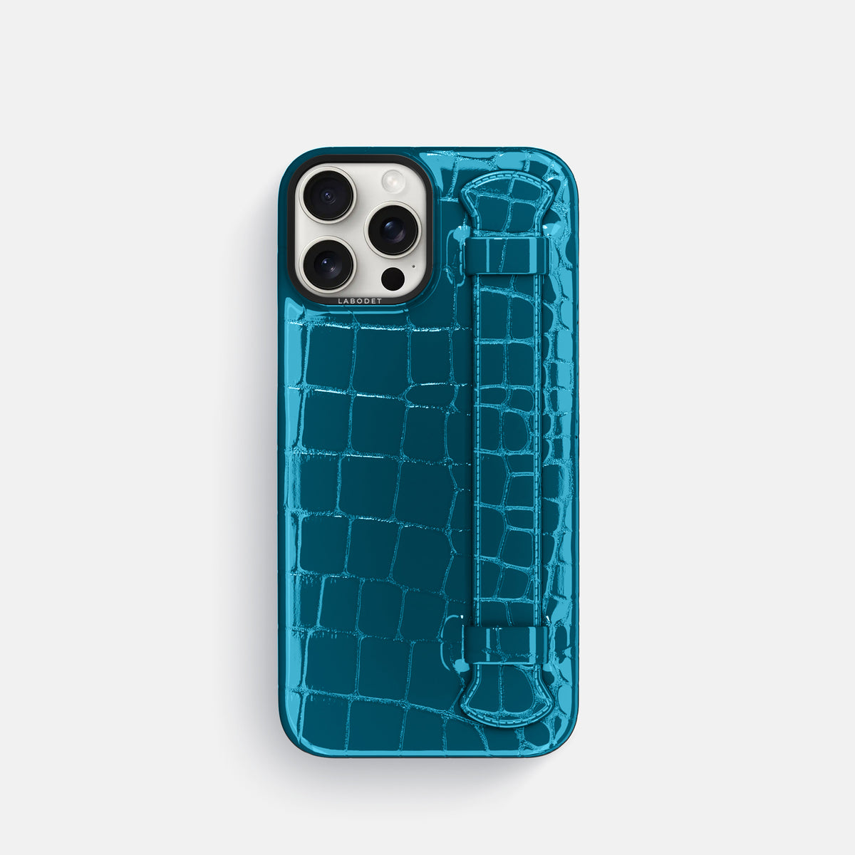 Blue iPhone 16 Pro Handle Case Shiny Alligator with Black Metal -1 | Blue-Black