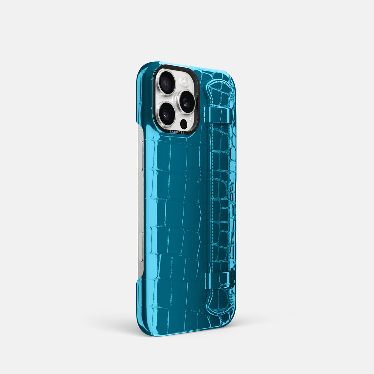 Blue iPhone 16 Pro Handle Case Shiny Alligator with Black Metal -2 | Blue-Black
