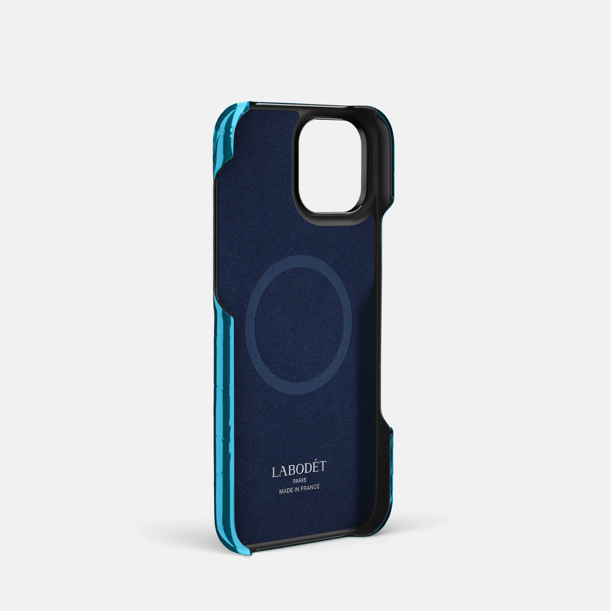 Blue iPhone 16 Pro Handle Case Shiny Alligator with Black Metal -4 | Blue-Black