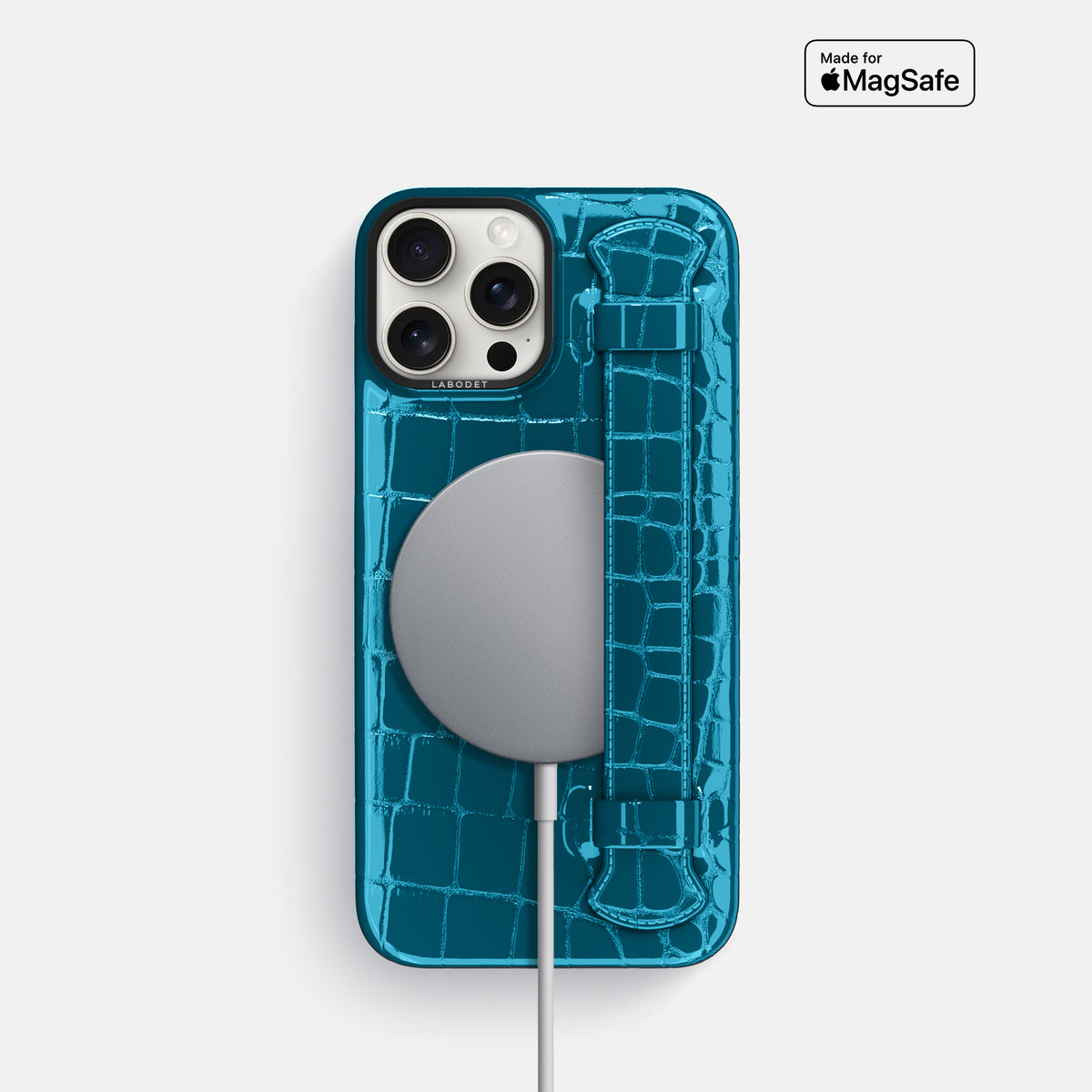 Blue iPhone 16 Pro Handle Case Shiny Alligator with Black Metal -5 | Blue-Black