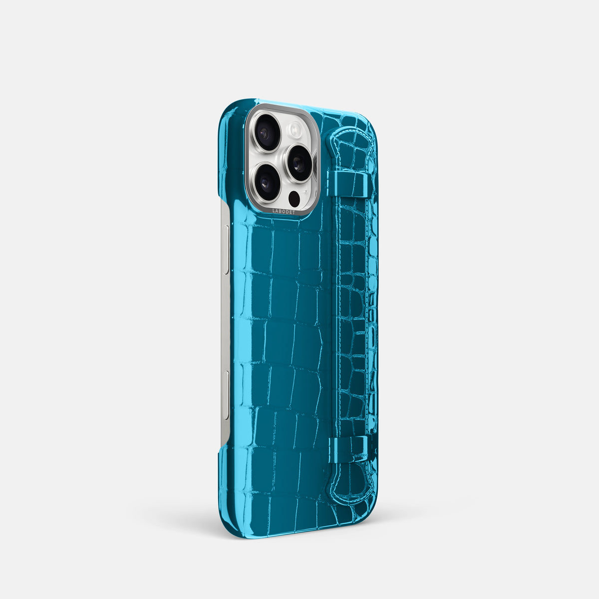 Blue iPhone 16 Pro Handle Case Shiny Alligator with Steel Metal -2 | Blue-Steel