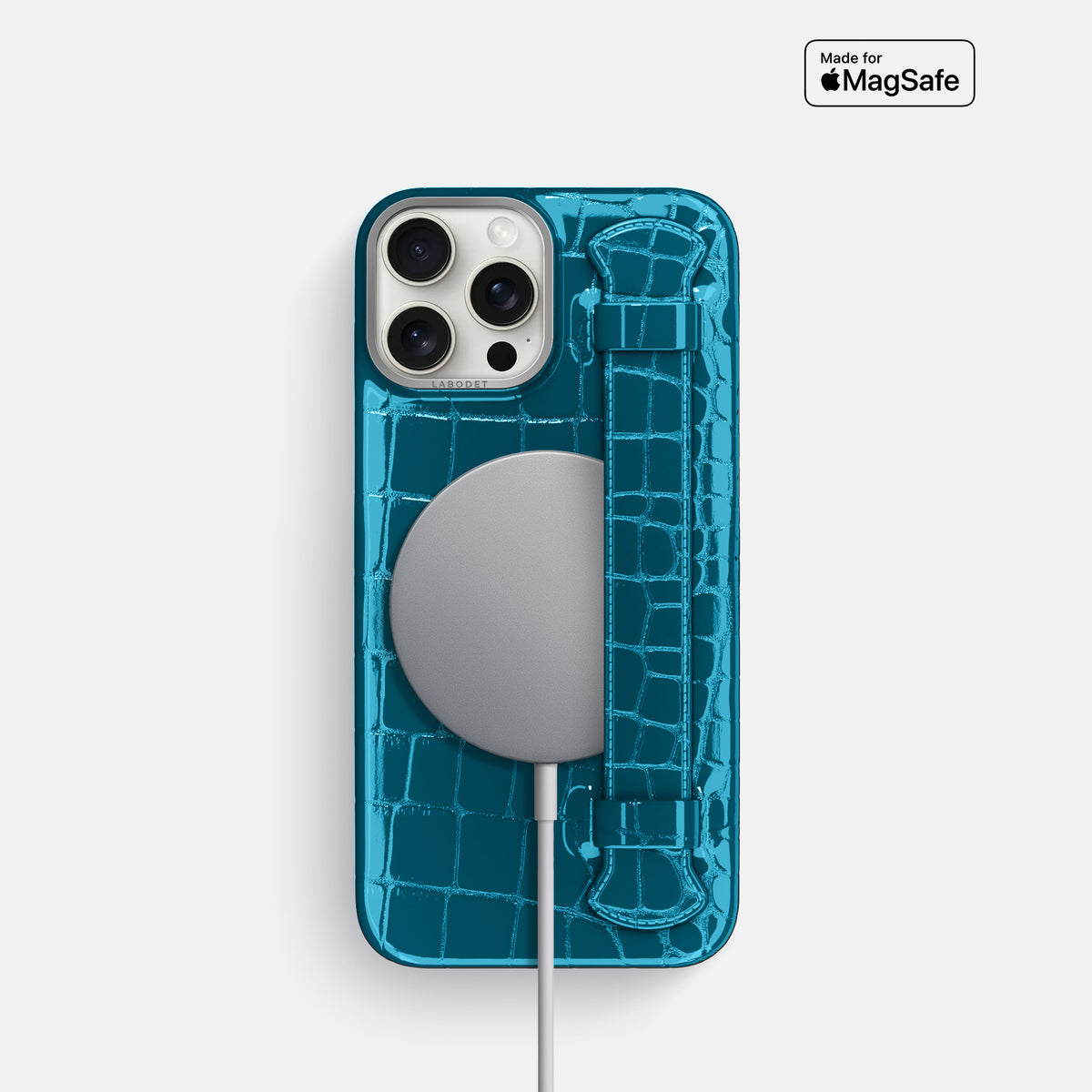 Blue iPhone 16 Pro Handle Case Shiny Alligator with Steel Metal -5 | Blue-Steel