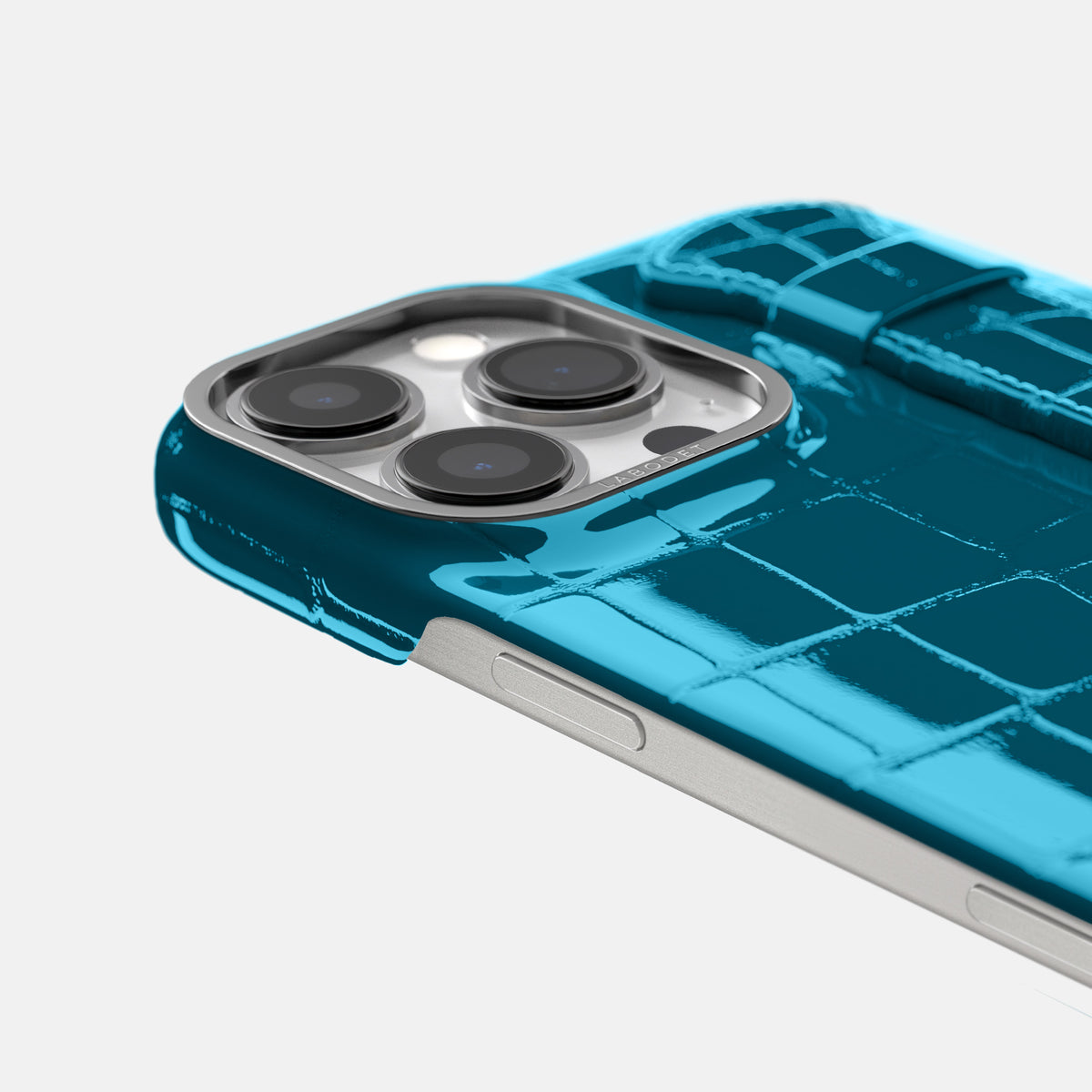 Blue iPhone 16 Pro Handle Case Shiny Alligator with Steel Metal -6 | Blue-Steel