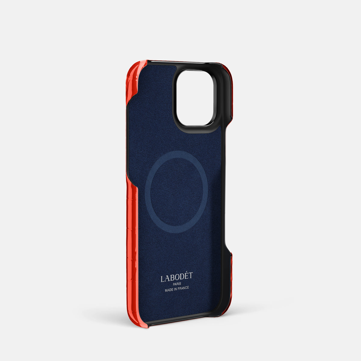 Coral-Orange iPhone 16 Pro Handle Case Shiny Alligator with Black Metal -4 | Coral-Orange-Black